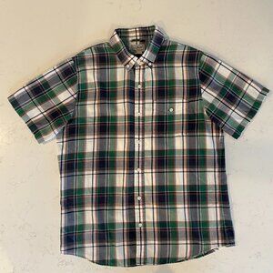 L.L. Bean SS Button Down Plaid Cotton Poly Blend Shirt Green White Blue Sz L